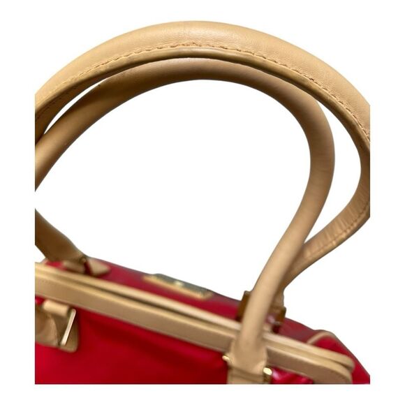 Trina Turk Red Tan Leather Canvas Tote Bag Top Preppy Casual Classic - Picture 4 of 16